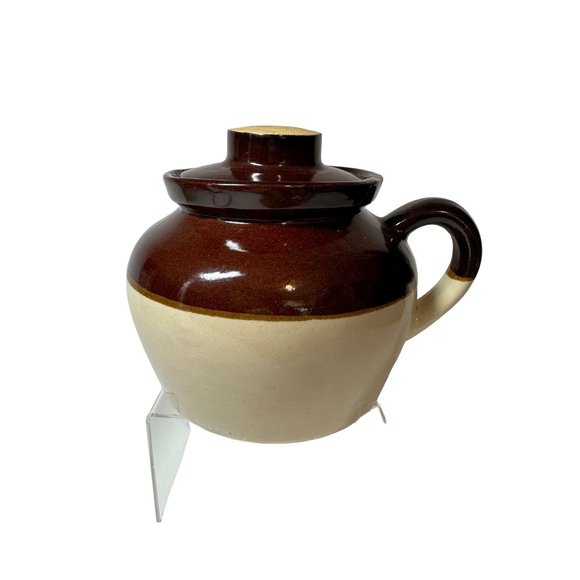 Brown & Tan 1 Quart Bean Stoneware Crock with Lid Made In USA - Picture 1 of 8